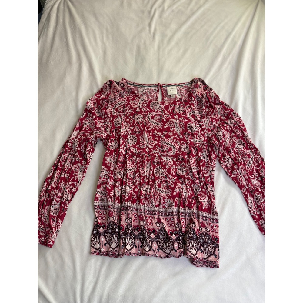 Knox Rose Red Paisley Floral Babydoll Blouse Long Sleeve XL